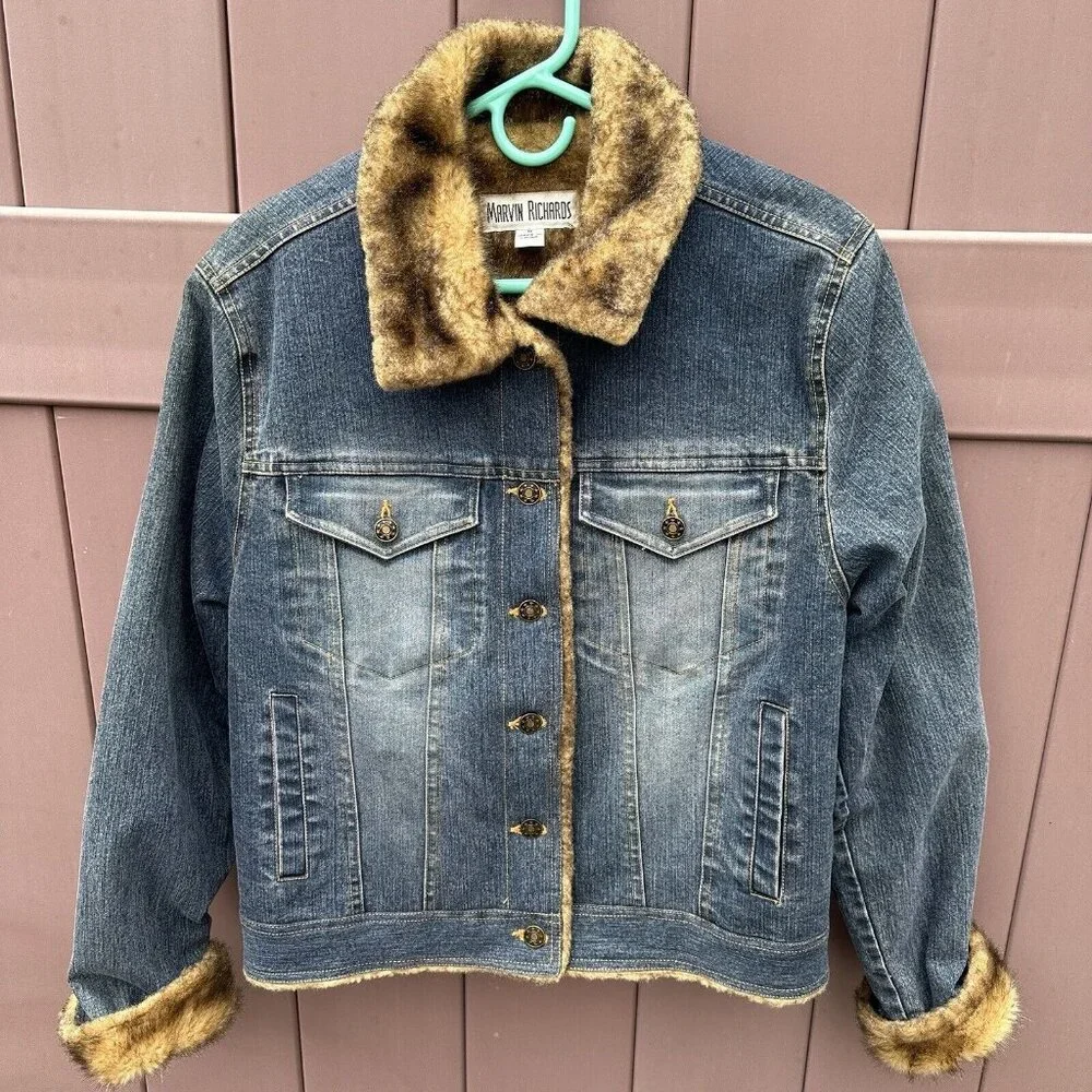 Vintage Marvin Richards Blue Denim Jean Jacket Faux Fur Lined Sz Medium 90s Y2K - Picture 1 of 14